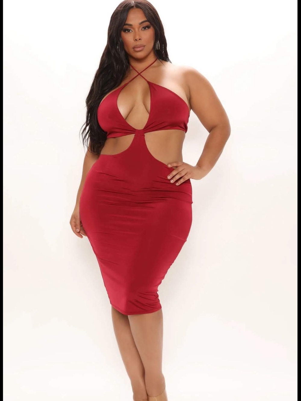 Fashion Nova Red Cutout Halter Midi Dress